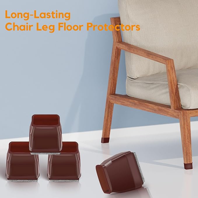 36Pcs Brown Square Chair Leg Floor Protectors, High Elastic Felt Furniture Pads for Hardwood Floors, Silicone Floor Protectors for Chairs, Chair Leg Caps Covers Socks(Large)