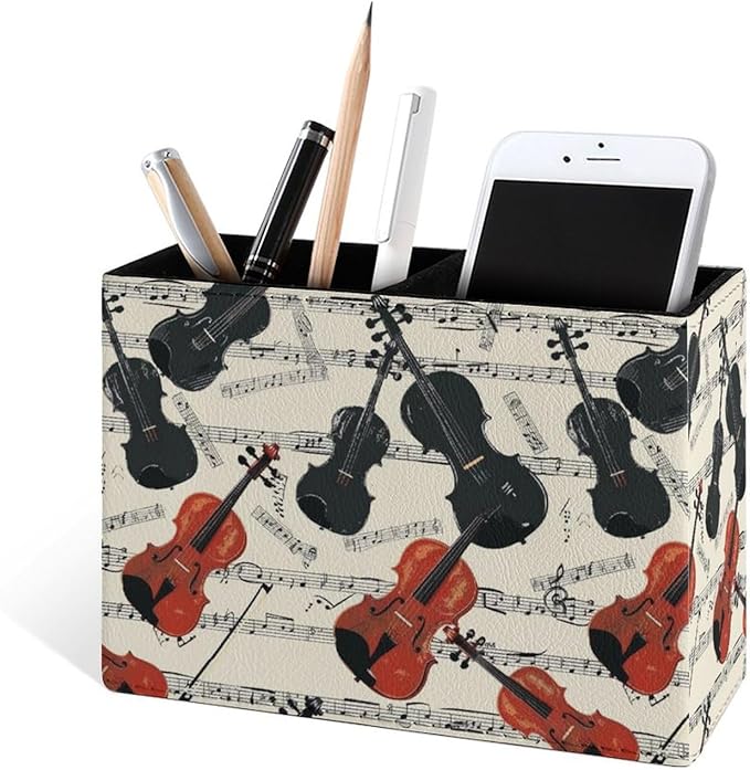 Famame Violins Black Music Notes Pencil Holder for Desk, Leather Desktop Container Pen Cup Storage Study Table Pen Organizer Makeup Brush Holder for Classroom Office Home