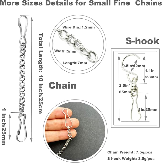10 Pcs Fine Hanging Chain(1.2mm Dia.) Small Hang Bracket Decorative Replacement Link Chains Hooks for Sign Planter Bird Feeders,10 inch Long Stainless Chains and 5 Pcs Swivel S-Hooks