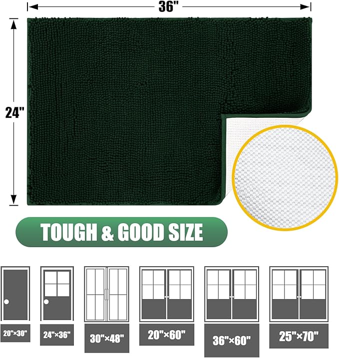 IM HOME Chenille Absorbent Outdoor Doormat 36" x 24", Washable Muddy Door Mats for Dog Non Slip Indoor Doormat Dog Mat for Muddy Paw Front Inside Doormats for Entryway Dark Green