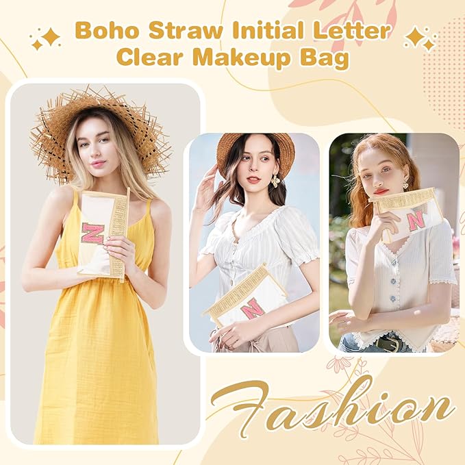 Small Boho Straw Initial Letter Makeup Bag Personalized Gift ,Cute Clear Chenille Patch Makeup Bag With Zipper,Trendy TSA Approved Travel Toiletry Bag,Gift for Women Girls Birthday Friend, Letter N