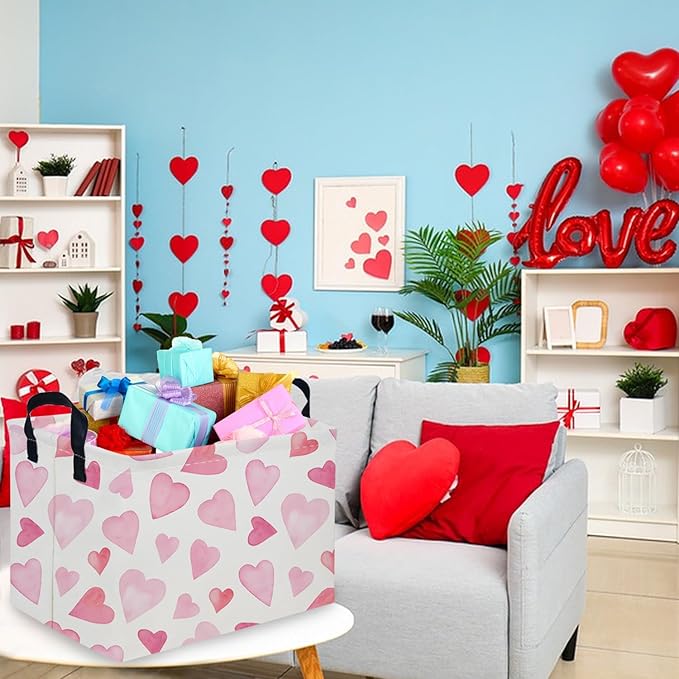 FXOCSHE Rectangular Pink Valentine's Day Gift Basket,nursery basket,Pink girls gift baskets,kids toy storage Bin, Love Heart Room Decor for Home,Shelf Baskets(Pink love)