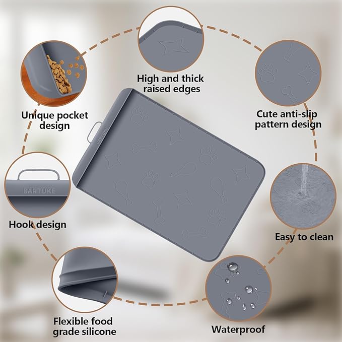 Dog Food Mat with Collection Pocket, 42''x28'' Extra Large Silicone Pet Feeding Mat for Food and Water, Waterproof Anti-Slip Dog Mat with Edge and Handle, Pet Placement for Floor (Dark Grey)