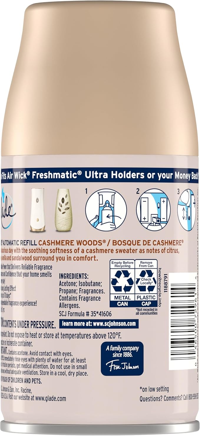 Glade Automatic Spray Refill and Holder Kit, Air Freshener for Home and Bathroom, Cashmere Woods, 6.2 Oz, 2 Count