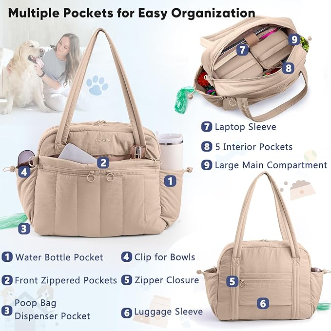 Dog Travel Bag for Supplies, Airline Approved Pet Travel Organizer with 2 Food Containers & Collapsible Bowls, Large Capacity Dogs Tote Bag for Weekend, Stylish Dog Mom Gift for Pet Lovers