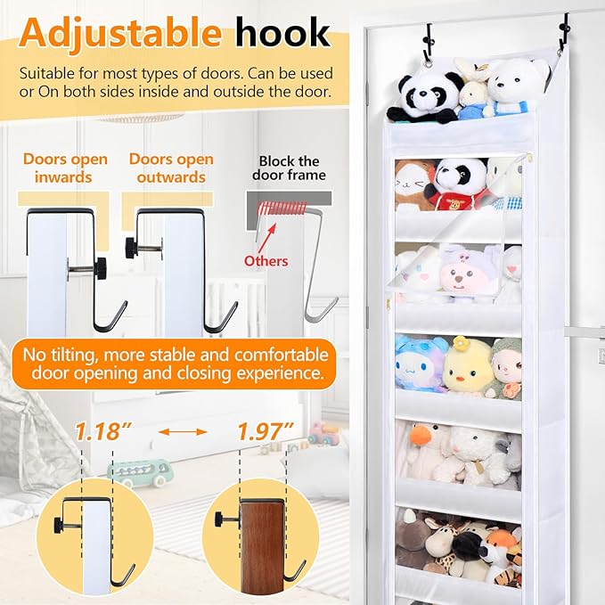 Over the door stuffed animal storage, dust-proof door organizer hanging,【holds up to 70 lbs】Ideal for organizing on doors, such as yarn storage, plush toys, diapers, and other small to medium items.