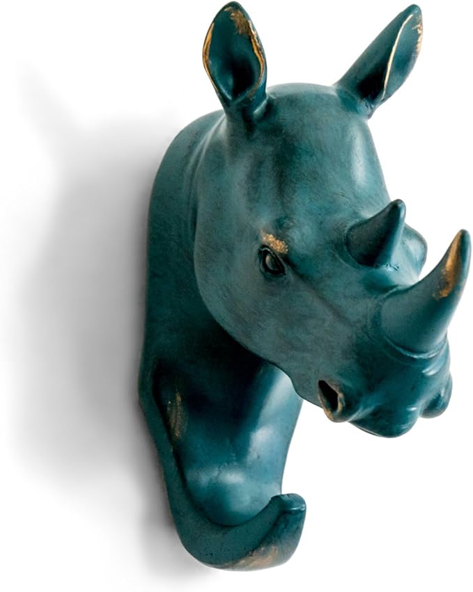 Rhino Head Single Wall Hook/Hanger Animal Shaped Coat Hat Hook Heavy Duty, Rustic, Decorative Gift, Rustic Bronze Color