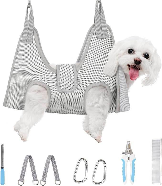 Supet Dog Grooming Hammock for Small Dogs, Dog Hanging Harness for Nail Trimming Doorframe, Pet Holder Restraint for Clipping Nails, Pet Hoist Sling for Cutting Nails at Home (Grey S)