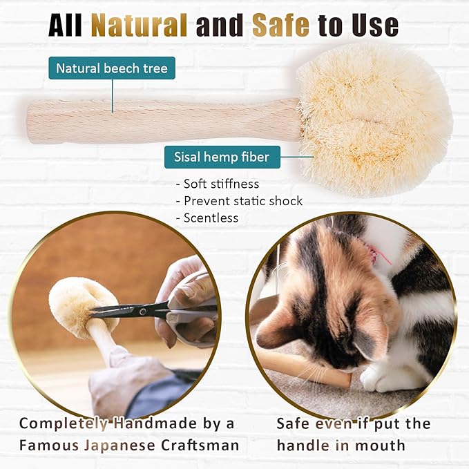 Cat Grooming Massage Tawashi Brush with Wood Handle Less Static Natural Sisal Fiber Made in Japan (Type-A)