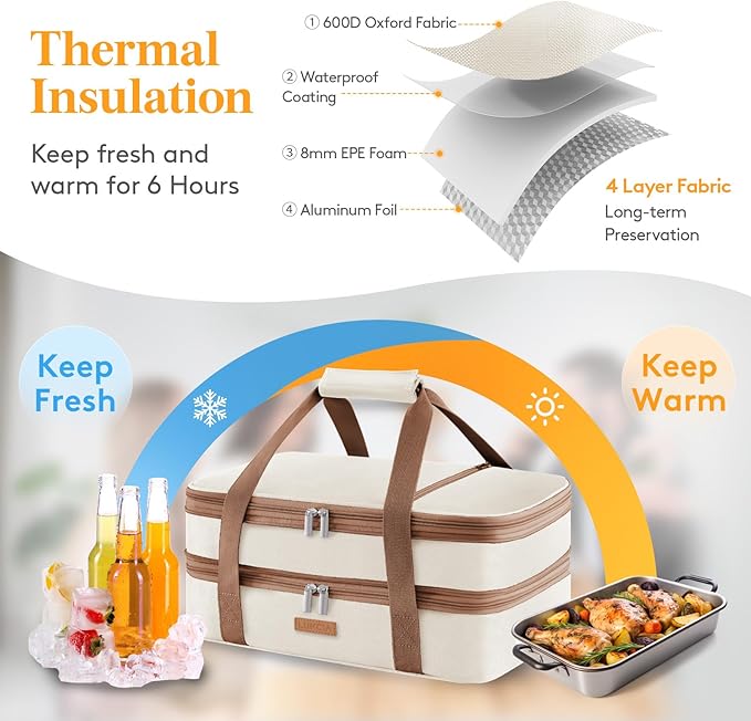 Lifewit LUNCIA Double Decker Insulated Casserole Carrier for Hot or Cold Food, Lasagna Lugger Tote for Potluck Parties/Picnic/Cookouts, Fits 9"×13" Baking Dish, Cream