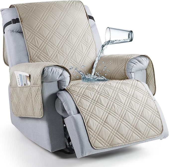 TAOCOCO Waterproof Recliner Chair Covers 30 Inch Wide, Oversized Recliner Covers for Recliner Chair with Pocket, Recliner Slipcovers with Straps Furniture Protector for Kids Pets (30'', Cream)