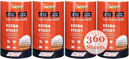 4 inch Lint Roller Refills Only for Scotch Brite, Everyday Clean Lint Roller Refills 4 Pack, Pet Hair Pickup Extra Sticky 90 Sheets per Refill, 360 Adhesive Sheets Total (1 3/4 inch Inside Diameter)