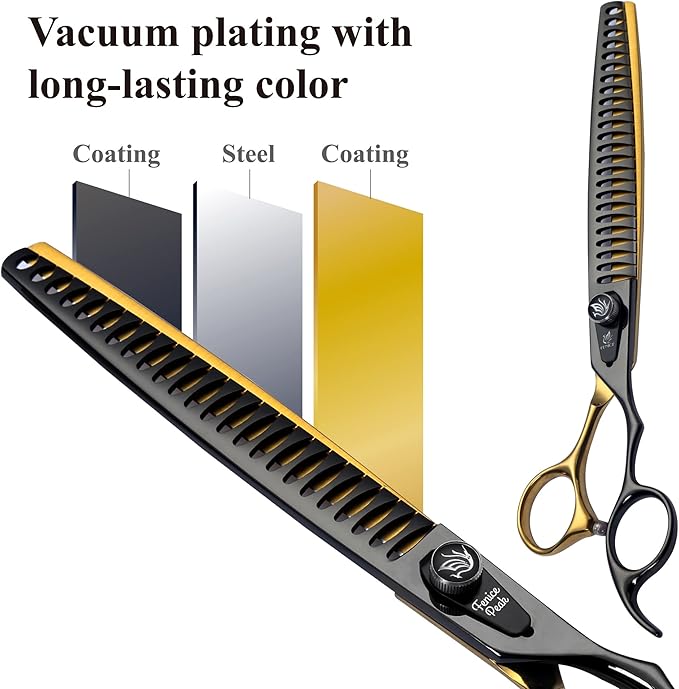 Fenice Peak 8'' Black and Gold Two-color Dog Grooming Scissors Set Straight Thinning Curved and Chunker Shears 4PCS Set with Pattern Screw and Ergonomic Offest Handle 440C Sharp and Durable