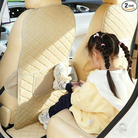 Leatherette Car Seat Protector - 2 Pack Large Car Kick Mats with Storage Pockets Organizer Seat Back Cover Against Dirty Shoes & Scratches, Universal Fit for Most Vehicles, Beige