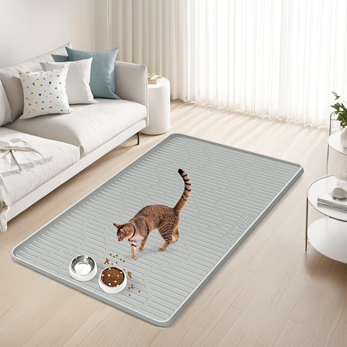 Silicone Cat & Dog Food Mat, 36" x 24" Large Pet Feeding Mat for Cats and Dogs Bowl, Pet Placemat for Food and Water with Raised Edge, Waterproof, Leakproof (Grey)