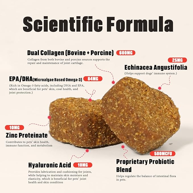 Collagen for Dogs - (90 Chews) - Beef|Flavor Itchy Skin & Allergies | Itch Relief for Dogs, Reduces Shedding & Supports Joint Health | with Probiotics, Omega 3 EPA DHA
