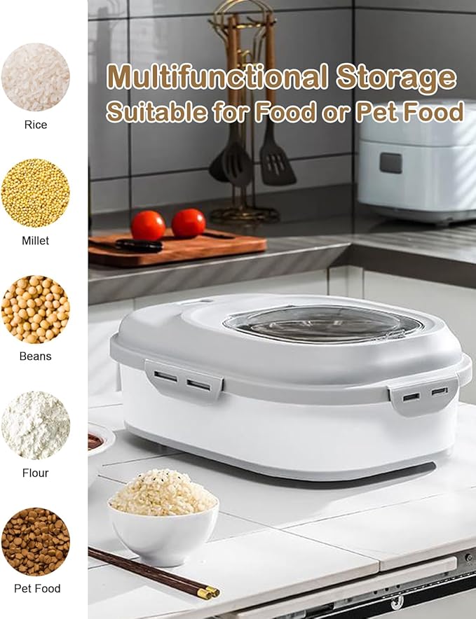 DDMOMMY 20-50 Lbs Food Storage Container With Wheel, Airtight Locking Lid, Collapsible Rice Container, Flour Storage With Small Container and Scoop, Suitable for Pet Food