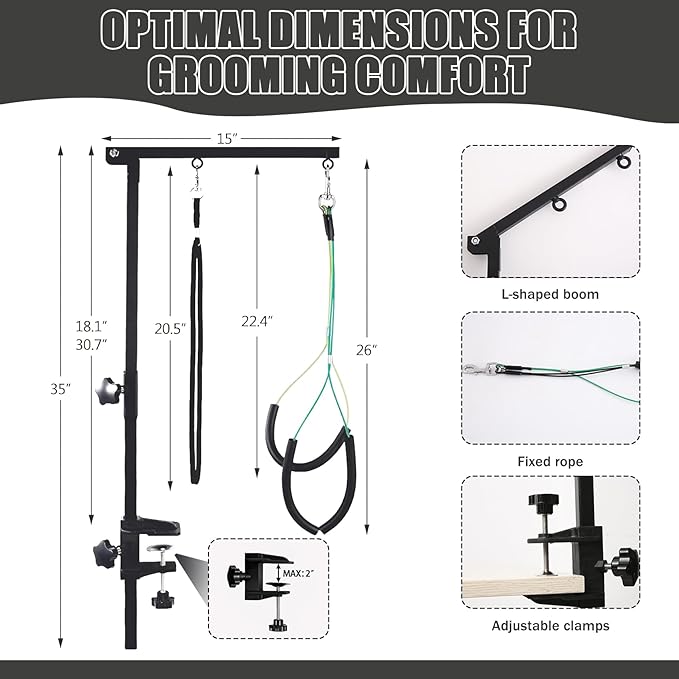 Dog Grooming Table Arm with Metal Clamp,35" Adjustable Portable Arm for Table with 1 Loop Noose & Two No Sit Haunch Holder,Grooming Restraint for Small Medium Pets
