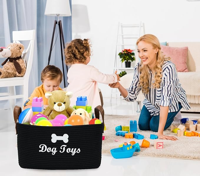 Large Cotton Rope Dog Toy Basket Storage,16.5"x10.6"x 7.5" Dog Toy bin,Puppy toy basket,-Perfect for organizing pet toys,blankets,leashes,pee- mats and diapers-Black