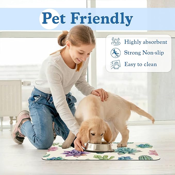 Cactus Flower Pet Feeding Mat for Floors–Absorbent Quick Dry Dog Cat Bowl Mat for Food and Water, Non Slip Waterproof Base, Mess-Free Feeding Accessories 16"x24"