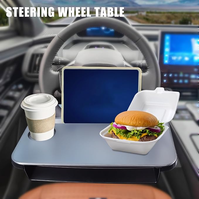 Steering Wheel Tray - 2 in 1 Car Seat Gap Filler Organizer, Multipurpose Table Tray for Eating, Drinking, Laptop