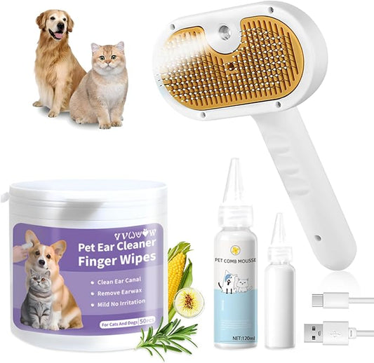 VVWVVW Pet Steam Brush for Dog & Cat – 3-in-1 Spray Hair Removal Comb – Steam for Shedding & Grooming – Water Brush for Long & Short Haired Pets – Spritz Defur Comb