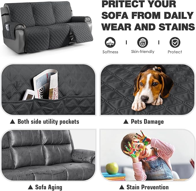 TAOCOCO 100% Waterproof Recliner Couch Covers, Recliner Sofa Covers with Leg Straps, 1-Piece Washable Reclining Sofa Cover with Pocket Couch Protector for Pets Kids(3 Seater, Charcoal Gray)