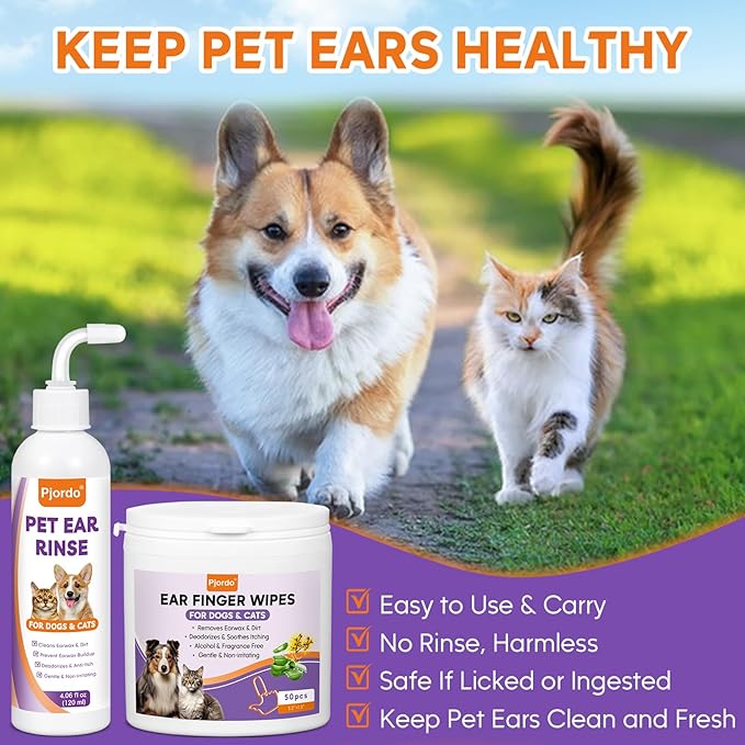 Dog Ear Cleaner Kit - Dog Ear Finger Wipes and Ear Cleaner Solution for Dogs and Cats, Gently Remove Ear Wax & Debris, Soothe Ear Itching, Deodorize, Pet Ear Wash with Aloe Vera & Witch Hazel