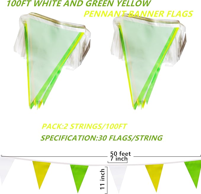 100 Feet Yellow Green & White Pennant Banner Flags String Hanging Yellow Green & White DIY Triangle Bunting Flags,Party Decorations for Grand Opening,Party Events Celebration,Kids Birthday,60 Pcs