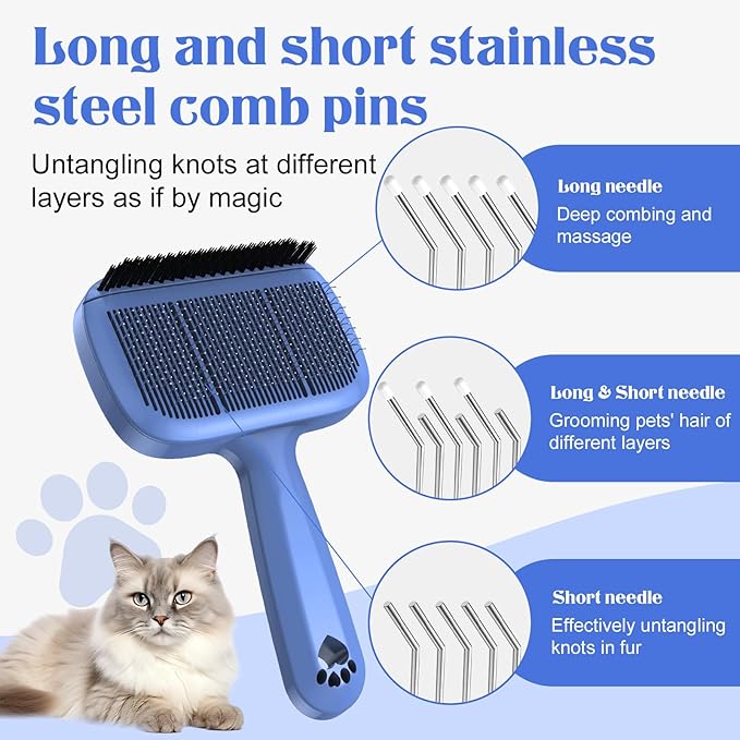 Self Cleaning Dog Brush for Shedding - Bristle Brush and Long/Short Needles Design, Skin Friendly, Slicker Deshedding Dog Brush, Hair Removal for Long & Short Haired Pets (Blue)