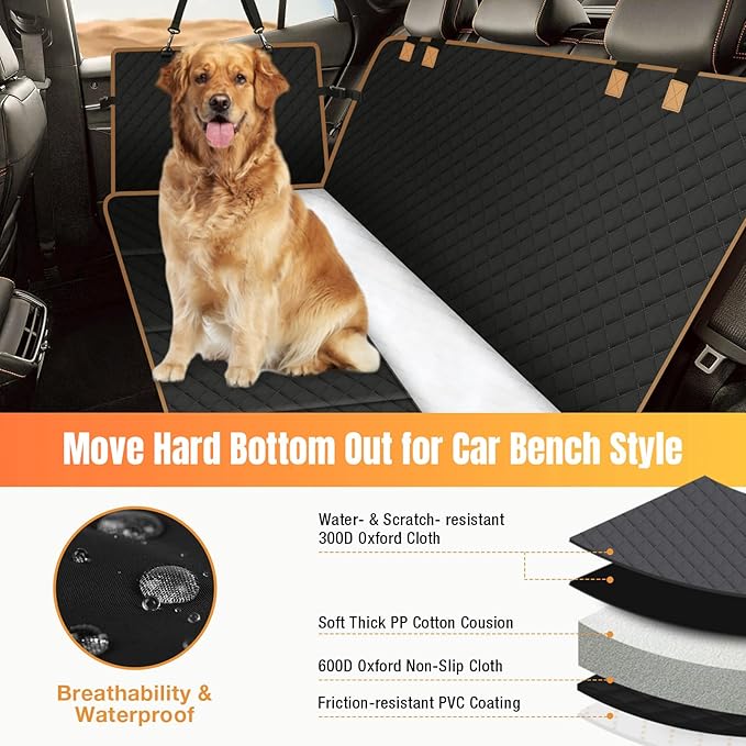 Dog Car Seat Cover for Back Seat, Hard Bottom Back Seat Extender for Dogs Holds 400lbs, Easy to Clean, Waterproof Scratch Proof Nonslip Dog Hammock for Cars SUV Truck, Black Color