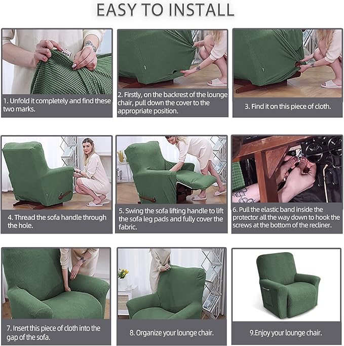 KEKUOU Recliner Chair Covers Lazy Boy Recliner Covers Stretch Couch Cover Slipcovers 1 Piece Furniture Protector with Elastic Bottom for Dog,Kids.(Recliner, Greyish Green)