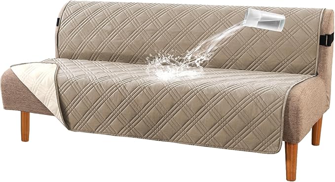 H.VERSAILTEX 100% Waterproof Futon Sofa Slipcover Reversible Sofa Cover Armless Futon Cover Soft Thicken Sofa Bed Pets Kids Dog Cat Fit Sitting Width Up to 70", Taupe/Beige