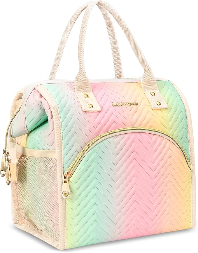 Lunch Bag Women Insulated Lunch Box Wide-Open Lunch Tote Bag Large Drinks Holder Durable Nylon Thermal Snacks Organizer for Men Adults Work Picnic Hiking Beach Fishing, Colorful Wavy
