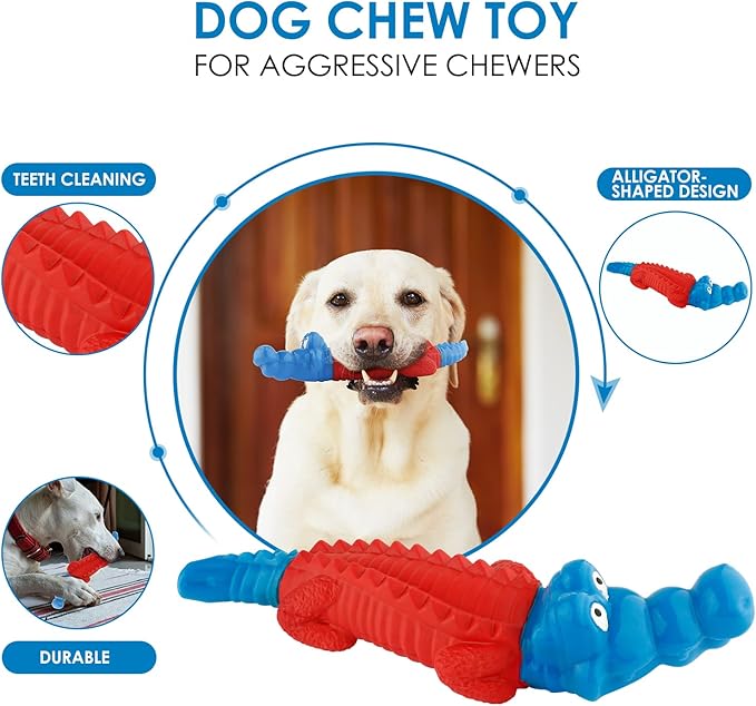 petizer Dog Toys for Aggressive Chewers, Dog Teething Chew Toy, Tough Rubber Nylon Chew Toy,IndestructibleToy for Medium & Large Breeds,Red and Blue Alligator