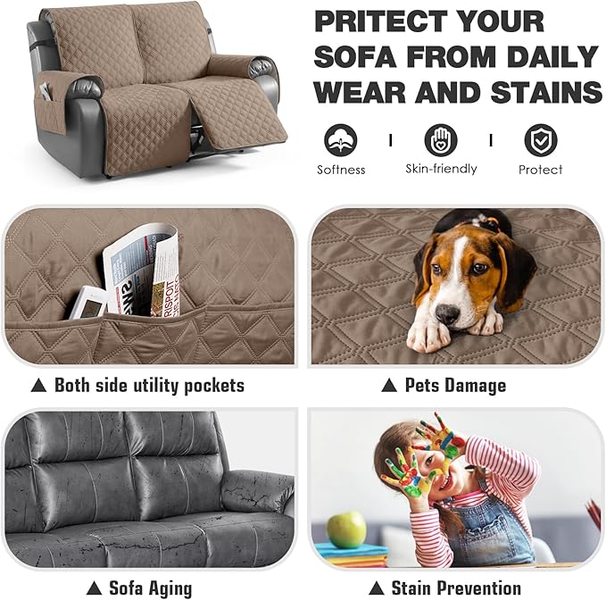 TAOCOCO 100% Waterproof Recliner Couch Covers, Recliner Sofa Covers with Leg Straps, 1-Piece Washable Reclining Sofa Cover with Pocket Couch Protector for Pets Kids(2 Seater, Khaki)