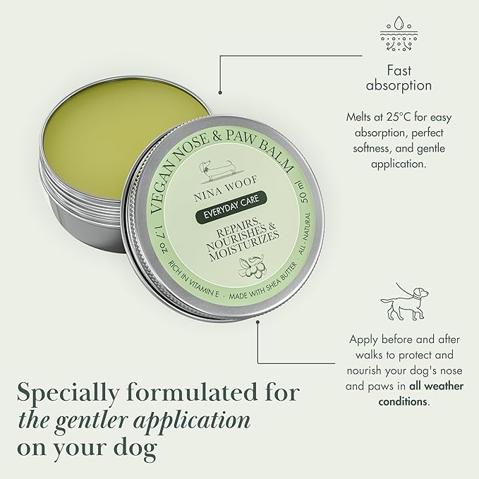 Nina Woof All-Natural Dog Paw & Nose Balm – Vegan Dog Grooming Supplies | Dog Paw Moisturizer & Nose Butter for Dogs | Safe Snout Soother for Dry Nose & Cracked Paws