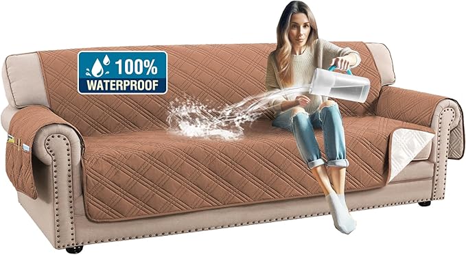 H.VERSAILTEX 100% Waterproof Sofa Covers for 3 Cushion Couch Modern Sofa Cover for Dogs XL Couch Covers for Oversized Sofa with Elastic Straps (Oversized Sofa, Terracotta/Beige)