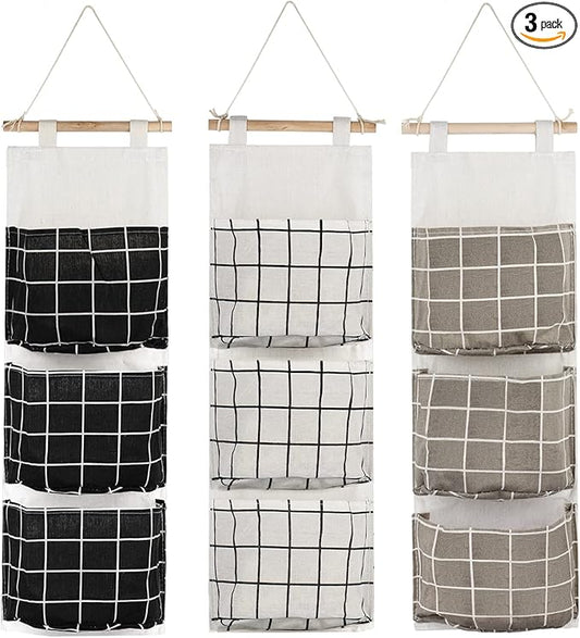 AUHOKY 3Pcs Wall Closet Hanging Storage Bag, Premium Linen Fabric Over The Door Organizer, Hanging Storage Pouches with 3 Pockets for Bedroom Bathroom - Waterproof & Stylish (Black/Gray/White)