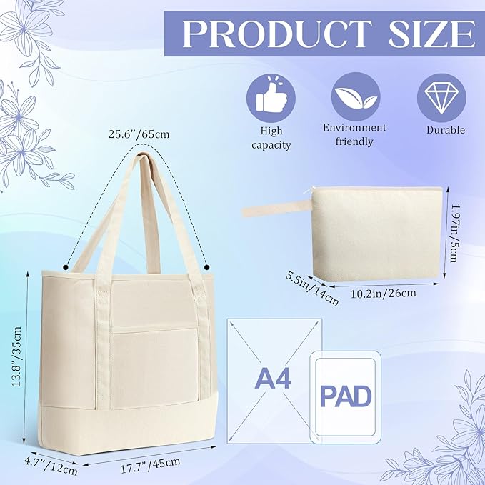 Sanwuta Canvas Tote Bags Bulk with Outer Pocket and Makeup Pouch 18'' Reusable Grocery Bags with Handles for Women Beach DIY
