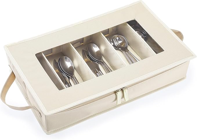 Flatware Utensil Storage Case, Beige Silverware Storage Box Chest with Adjustable Dividers, Removable Cutlery Storage Holder with Zipper Lid for Organizing Spoon/Flatware/Knives