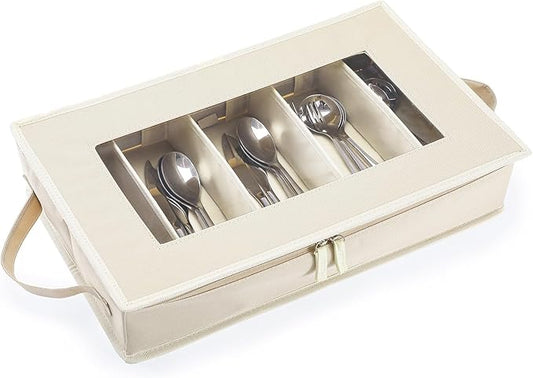 Flatware Utensil Storage Case, Beige Silverware Storage Box Chest with Adjustable Dividers, Removable Cutlery Storage Holder with Zipper Lid for Organizing Spoon/Flatware/Knives