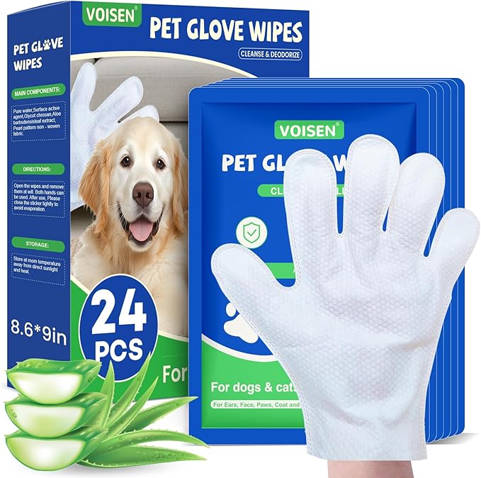 VOISEN Pet Glove Wipes for Dogs,24 Pcs Pet Cleaning Gloves,Dog Wipes Cleaning Deodorizing,Unscented Thick Pet Wipes for Nourish Fur Daily Care and Travel