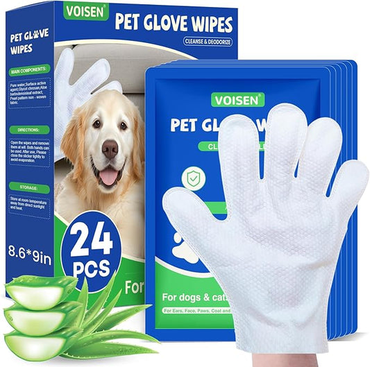 VOISEN Pet Glove Wipes for Dogs,24 Pcs Pet Cleaning Gloves,Dog Wipes Cleaning Deodorizing,Unscented Thick Pet Wipes for Nourish Fur Daily Care and Travel