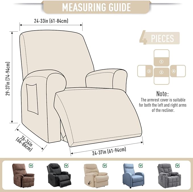 TAOCOCO Recliner Cover 4-Pieces, Recliner Stretch Sofa Slipcover, Recliner Cover 1 Seat, Couch Protector Soft, Furniture Protector Covers with Elastic,Chair Covers Jacquard Pattern (Beige)