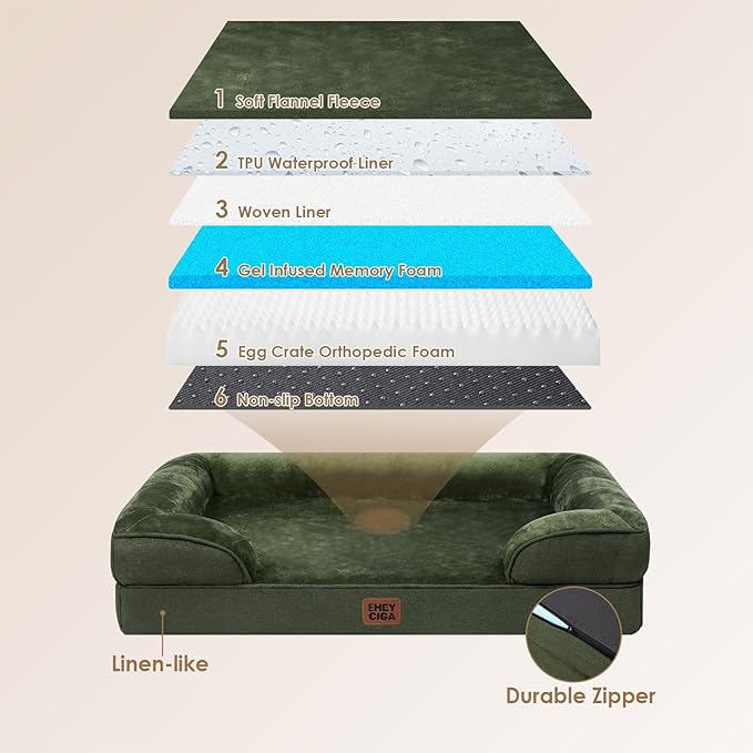 EHEYCIGA Orthopedic Dog Beds for Extra Large Dogs, Waterproof Memory Foam XXL Dog Bed with Sides, Non-Slip Bottom and Egg-Crate Foam Big Pet Couch Bed with Washable Removable Cover, Dark Green