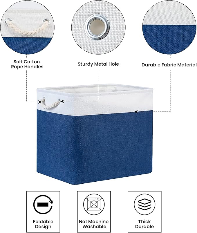Bidtakay Large Canvas Organization Bins Set of 2 Navy Blue Rectangular Baskets 17x12x15 in for Blankets, Clothes, Towels, Dog Toys Storage