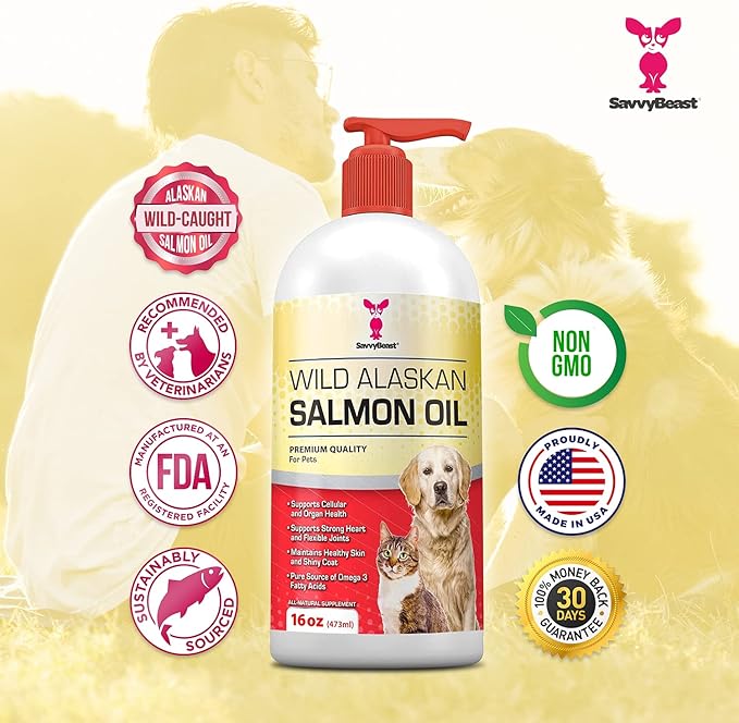 SavvyBeast Wild Alaskan Salmon Oil for Dogs, Cats & Ferrets – Omega-3 Fish Oil Pet Supplement with EPA & DHA – Supports Skin, Coat, Joints, Heart, Brain, Itch Relief & Immune – Unscented – 16 oz