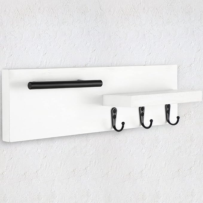 Lucundm Key Holder for Wall, Decorative Entryway Shelf with Hooks Holds Keys, Dog Leash, Sunglasses – Key Hanger with 3 Hooks Organizes, Enhances Home Decor (15” x 4.5” x 2.6”) (White)