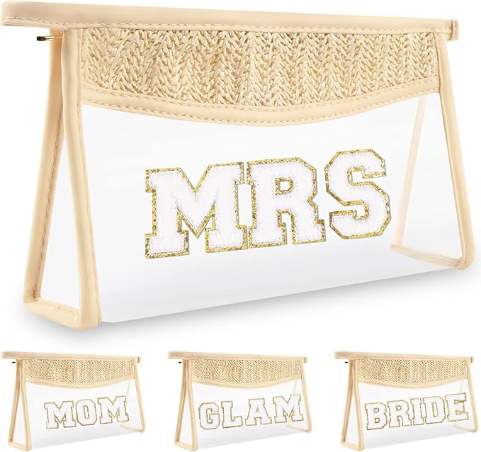 Clear Makeup Letter Patch Makeup Bag MRS Pouch, Boho Clear Toiletry Bags Travel Small Cute Preppy Chenille Letter Cosmetic Zipper Pouch Purse, Waterproof Glitter Wedding Make Up Storage for Women(MRS)